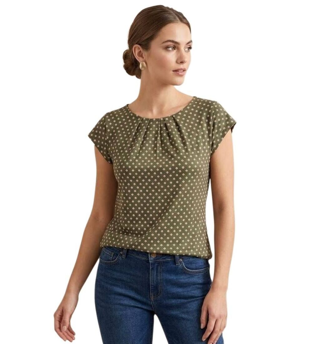NWT Liz Claiborne Olive Grove Geo Pleat Neck Short Sleeve Blouse - Size XL